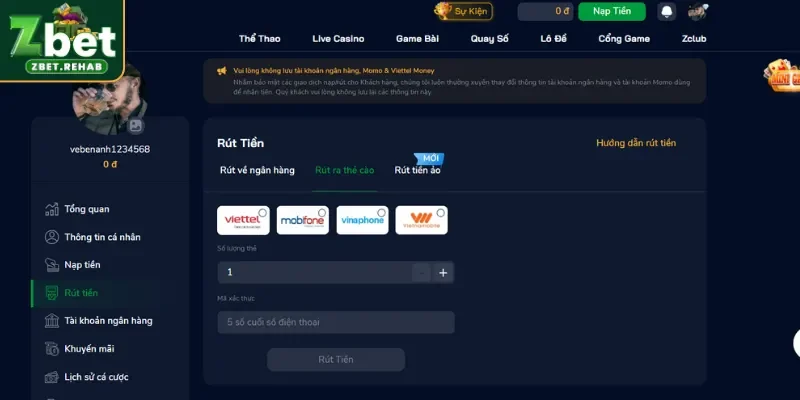 Quy trình rút tiền đầy đủ áp dụng cho mọi khách hàng tại ZBET